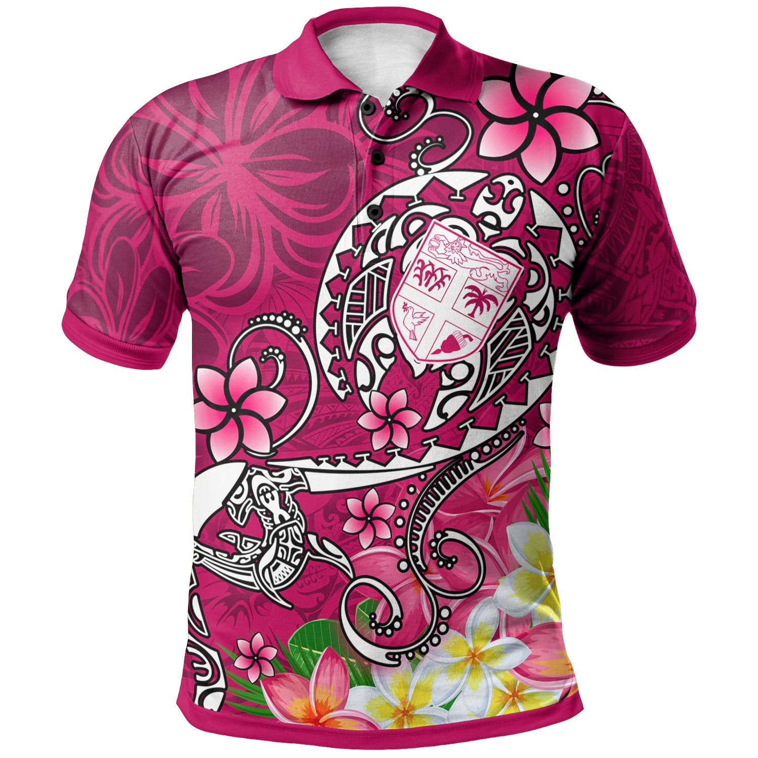 Fiji Polo Shirt Turtle Plumeria (Pink) Unisex Pink - Polynesian Pride