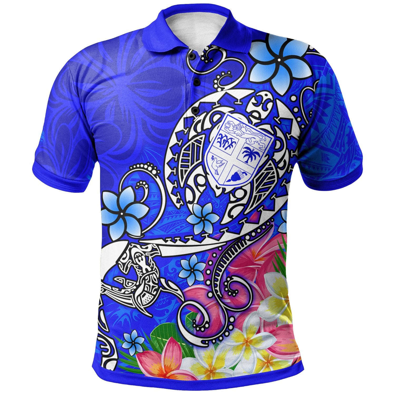 Fiji Polo Shirt Turtle Plumeria (Blue) Unisex Blue - Polynesian Pride