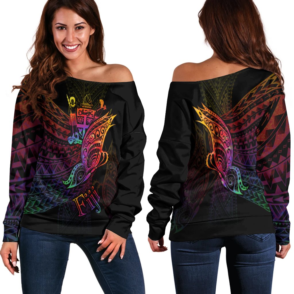 Fiji Women's Off Shoulder Sweater - Butterfly Polynesian Style Black - Polynesian Pride