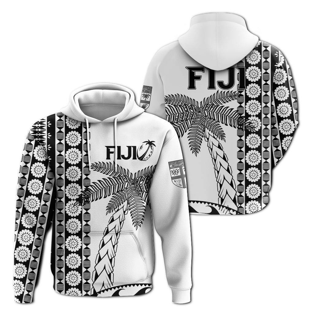 Fiji Rugby Hoodie Coconut Tree With Tapa Pattern LT12 White - Polynesian Pride
