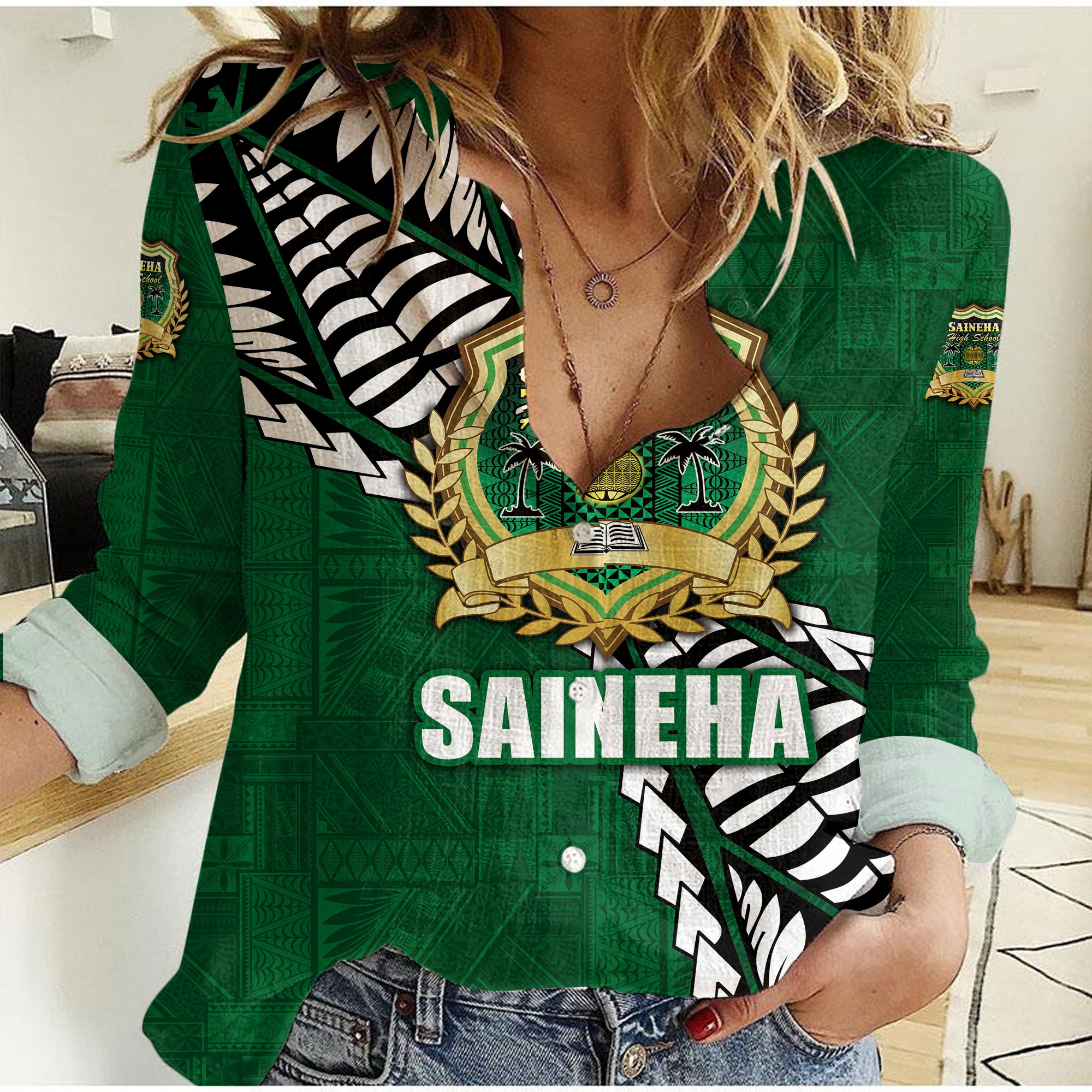 Tonga Saineha High School Tongan Patterns Women Casual Shirt - LT12 Female Green - Polynesian Pride