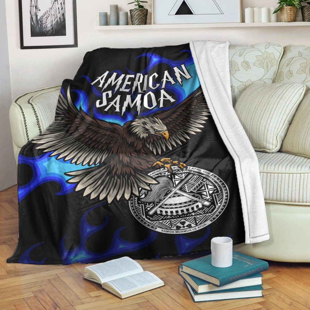 American Samoa Polynesian Blanket - Eagle With Flame Blue White - Polynesian Pride