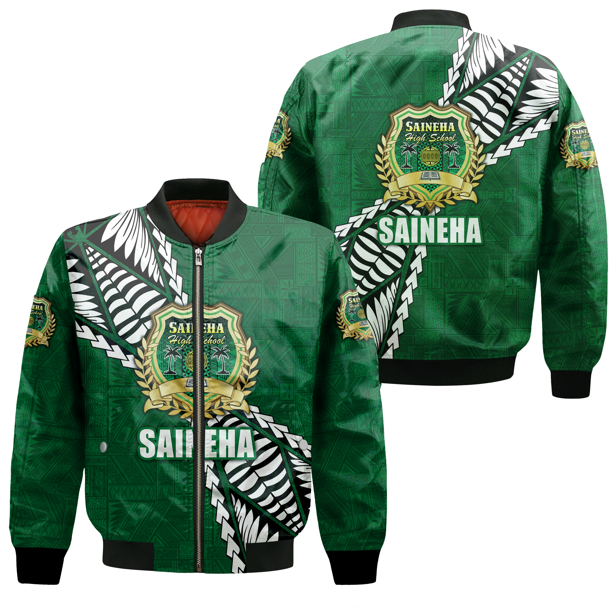 Tonga Saineha High School Tongan Patterns Bomber Jacket - LT12 Bomber Jacket Green - Polynesian Pride