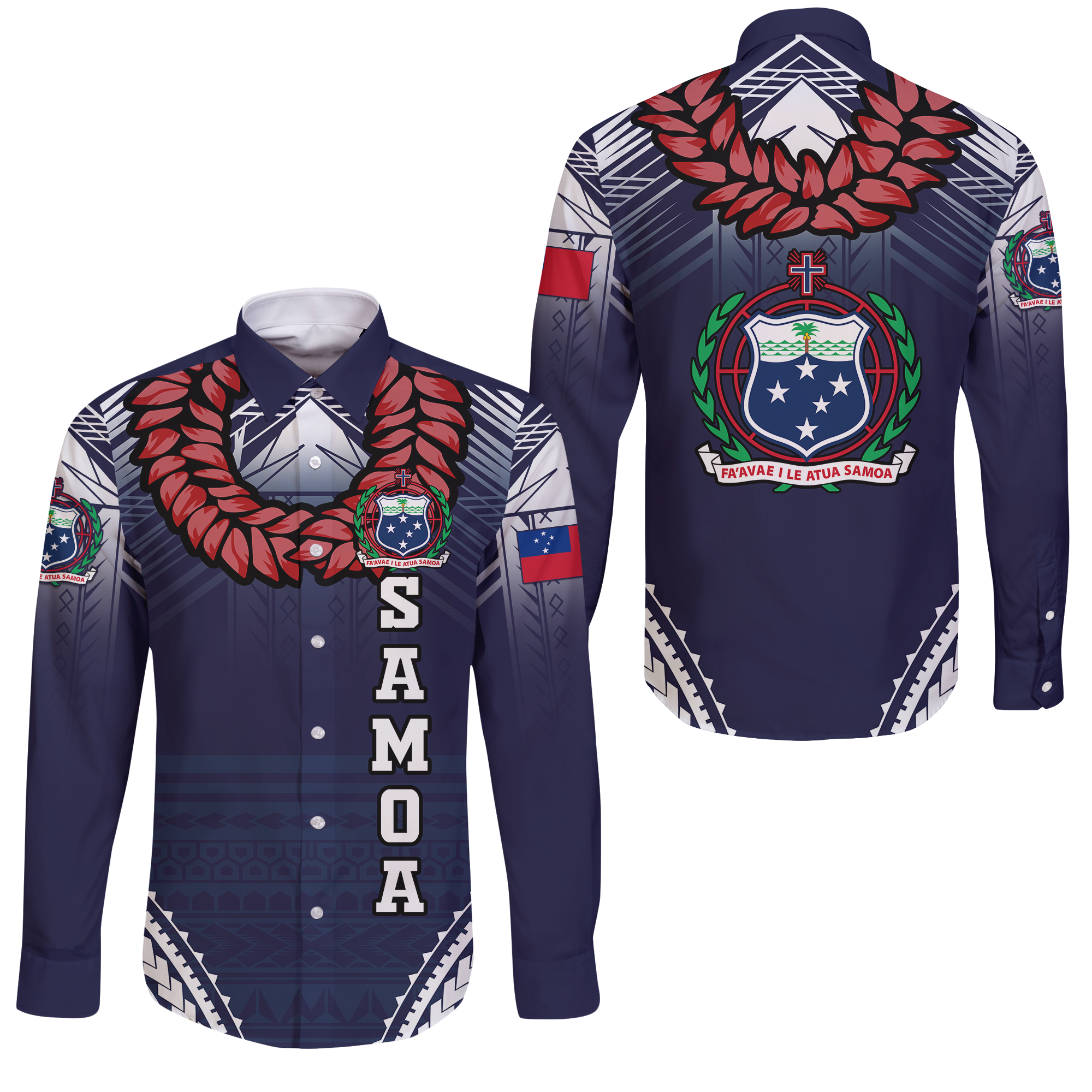 Samoan Ula Fala Art Long Sleeve Button Shirt - LT12 Unisex Blue - Polynesian Pride