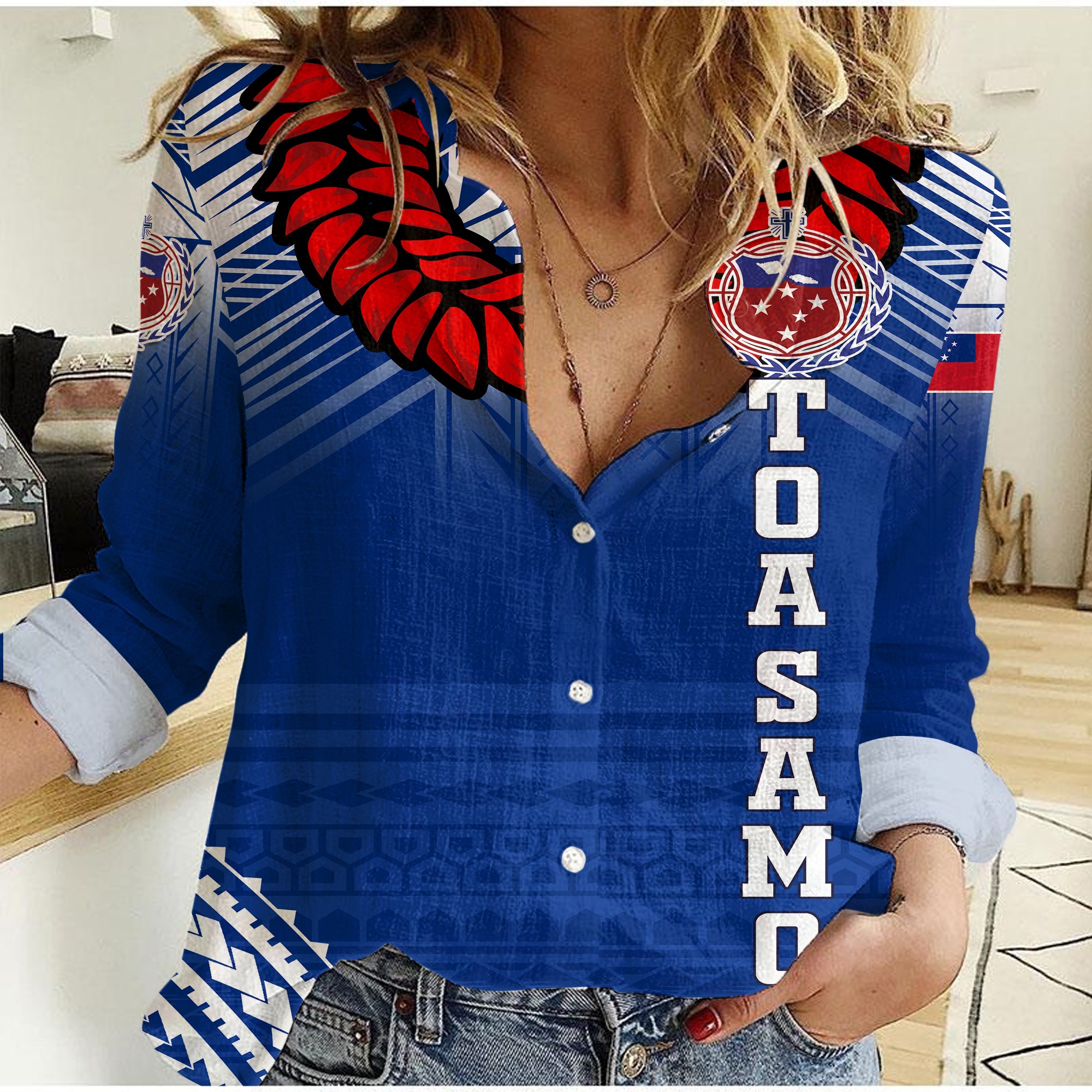 Toa Samoa Rugby Ula Fala Art Women Casual Shirt - LT12 Female Blue - Polynesian Pride