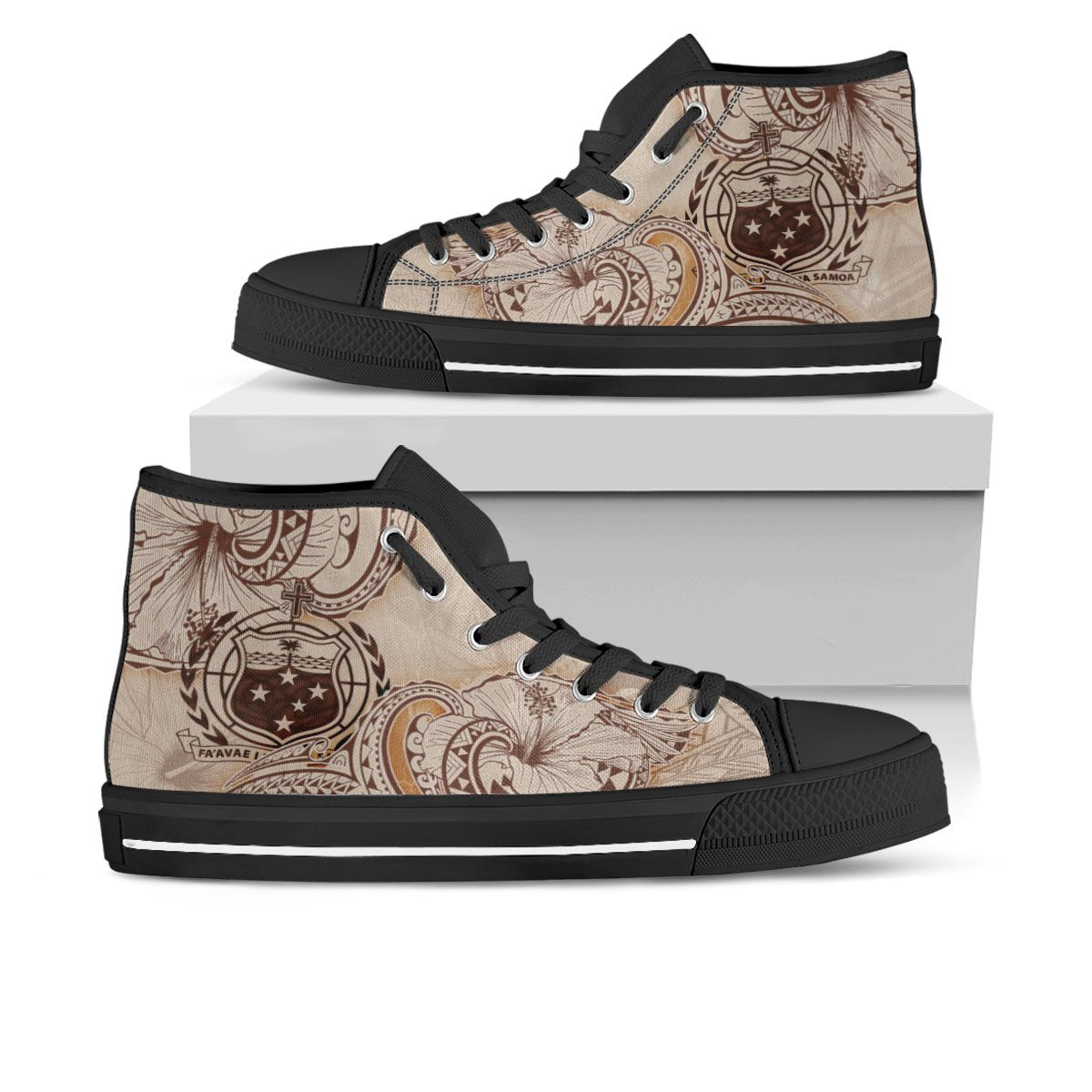 Samoa High Top Shoes - Hibiscus Flowers Vintage Style Unisex Black - Polynesian Pride