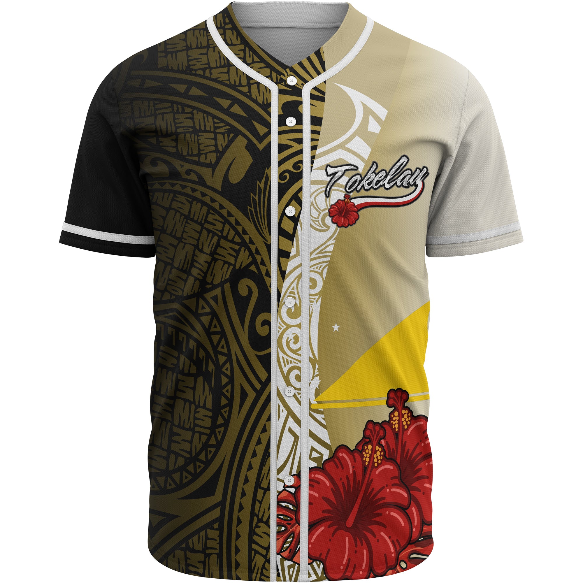 Tokelau Polynesian Baseball Shirt - Coat Of Arm With Hibiscus Gold Unisex Gold - Polynesian Pride