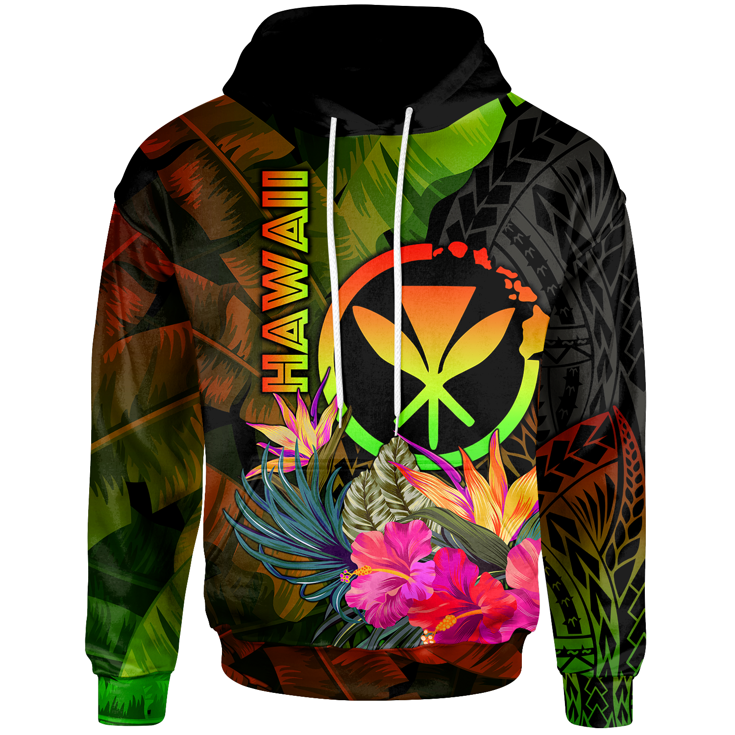 Polynesian Hawaii Kanaka Maoli Polynesian Hoodie Hibiscus and Banana Leaves Unisex Reggae - Polynesian Pride