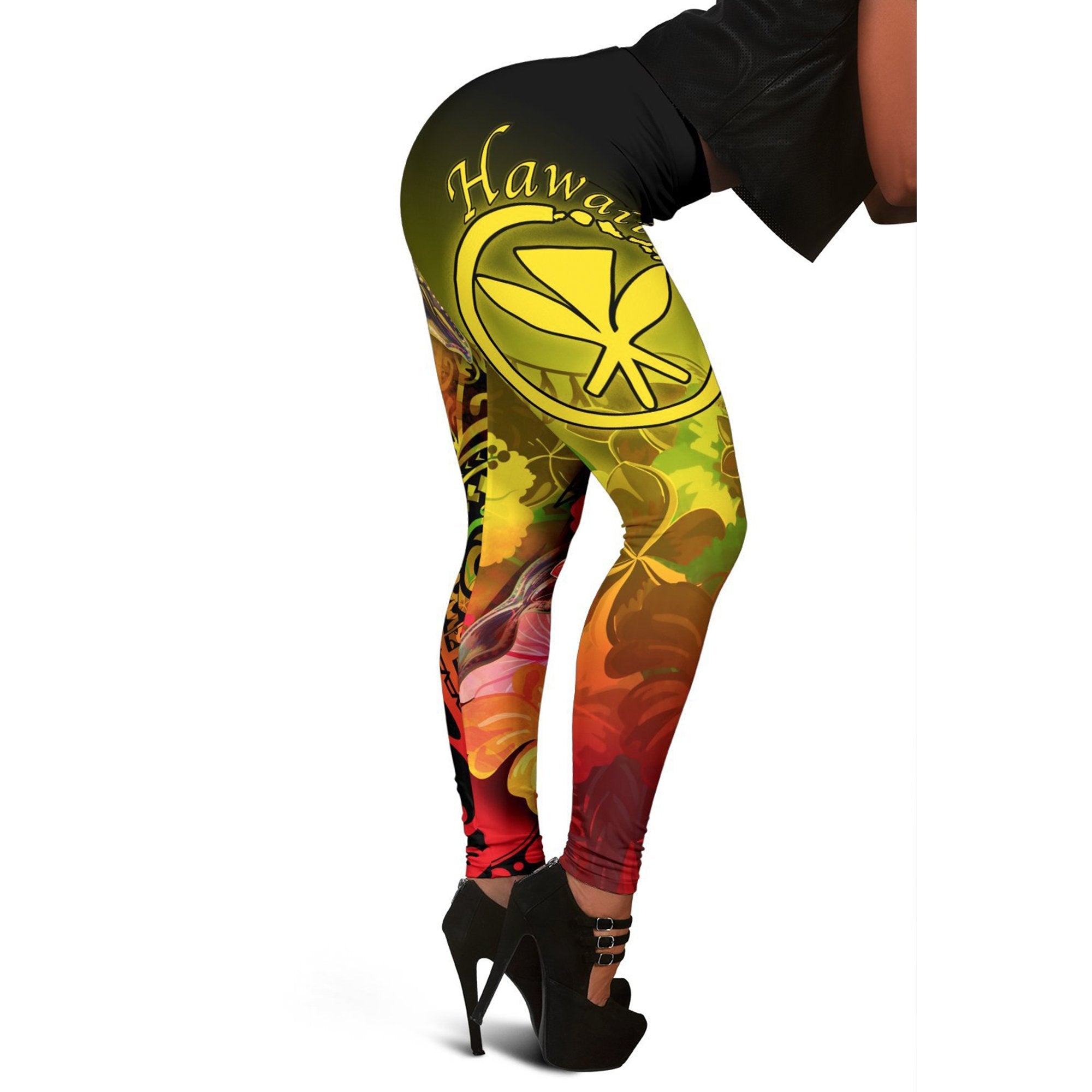 Polynesian Hawaii Women's Leggings - Kanaka Maoli Humpback Whale with Tropical Flowers (Yellow) Yellow - Polynesian Pride