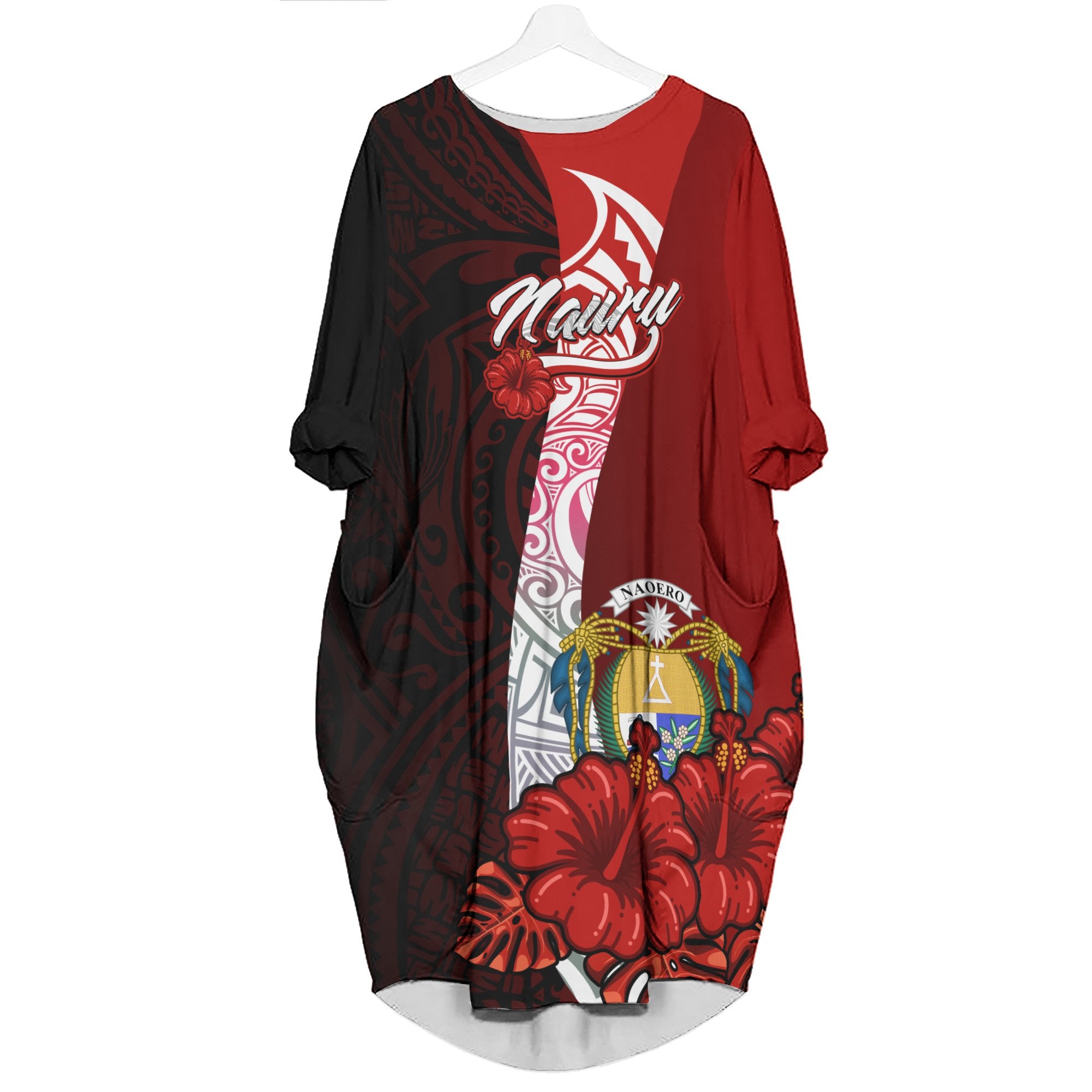 Nauru Polynesian Batwing Pocket Dress - Hibiscus With Coat Of Arm Women Black - Polynesian Pride