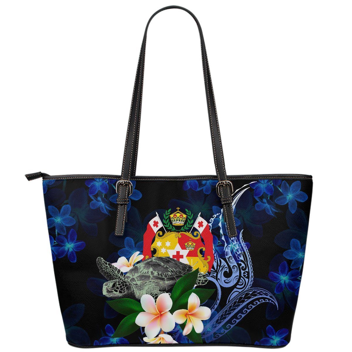 Tonga Polynesian Leather Tote Bag - Turtle With Plumeria Flowers Blue - Polynesian Pride