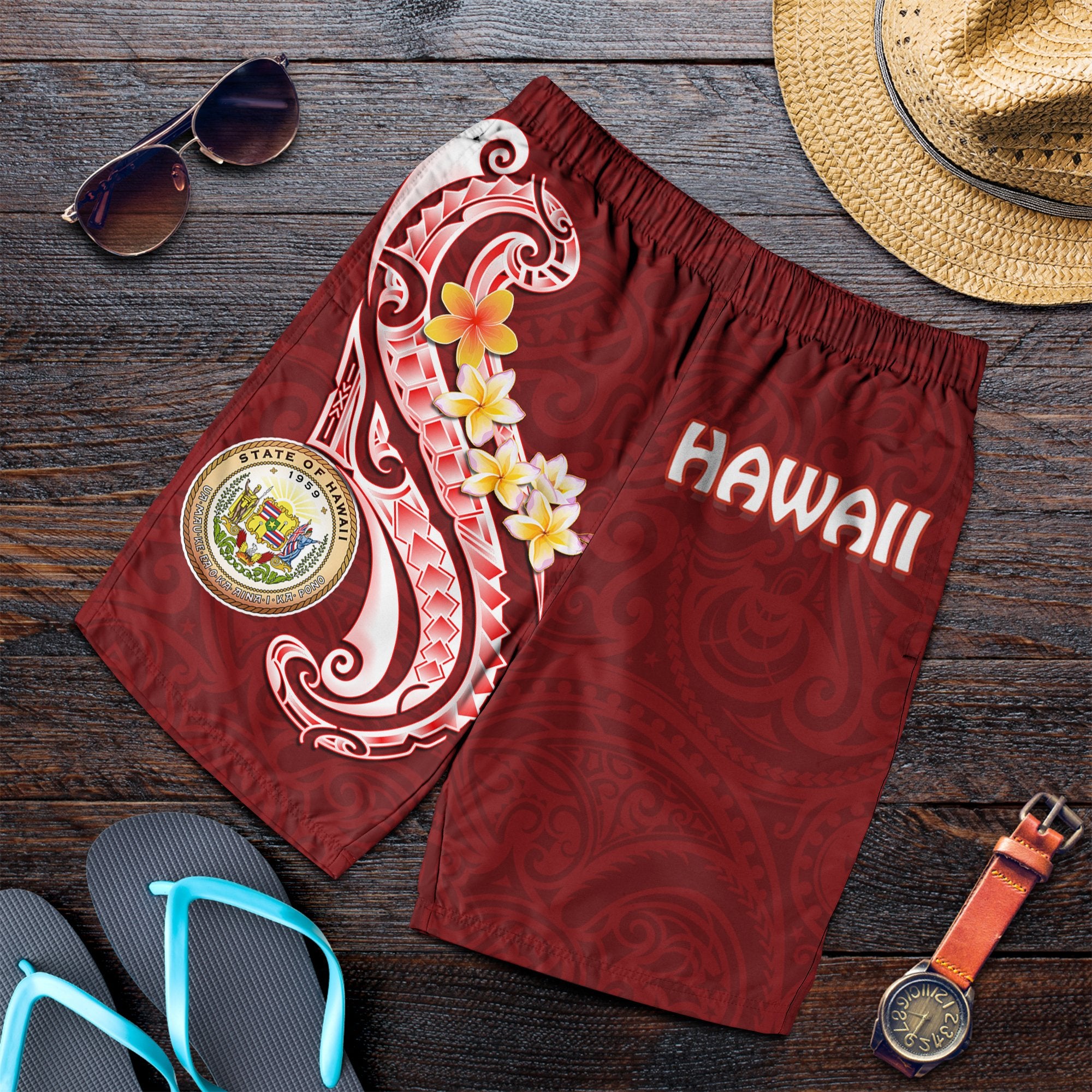 Hawaii Men's Shorts - Hawaii Seal Polynesian Patterns Plumeria Red - Polynesian Pride