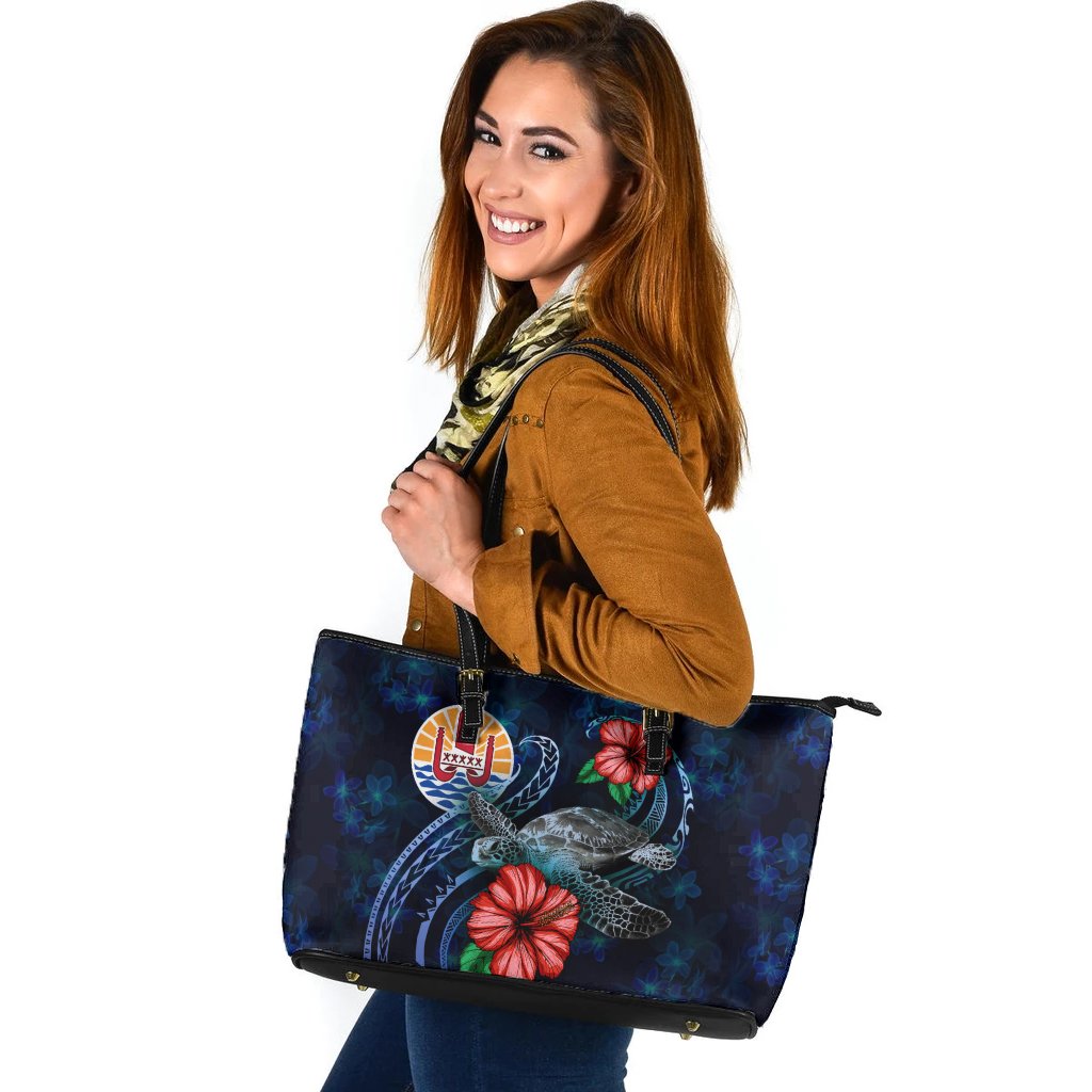 Tahiti Polynesian Leather Tote - Blue Turtle Hibiscus Blue - Polynesian Pride