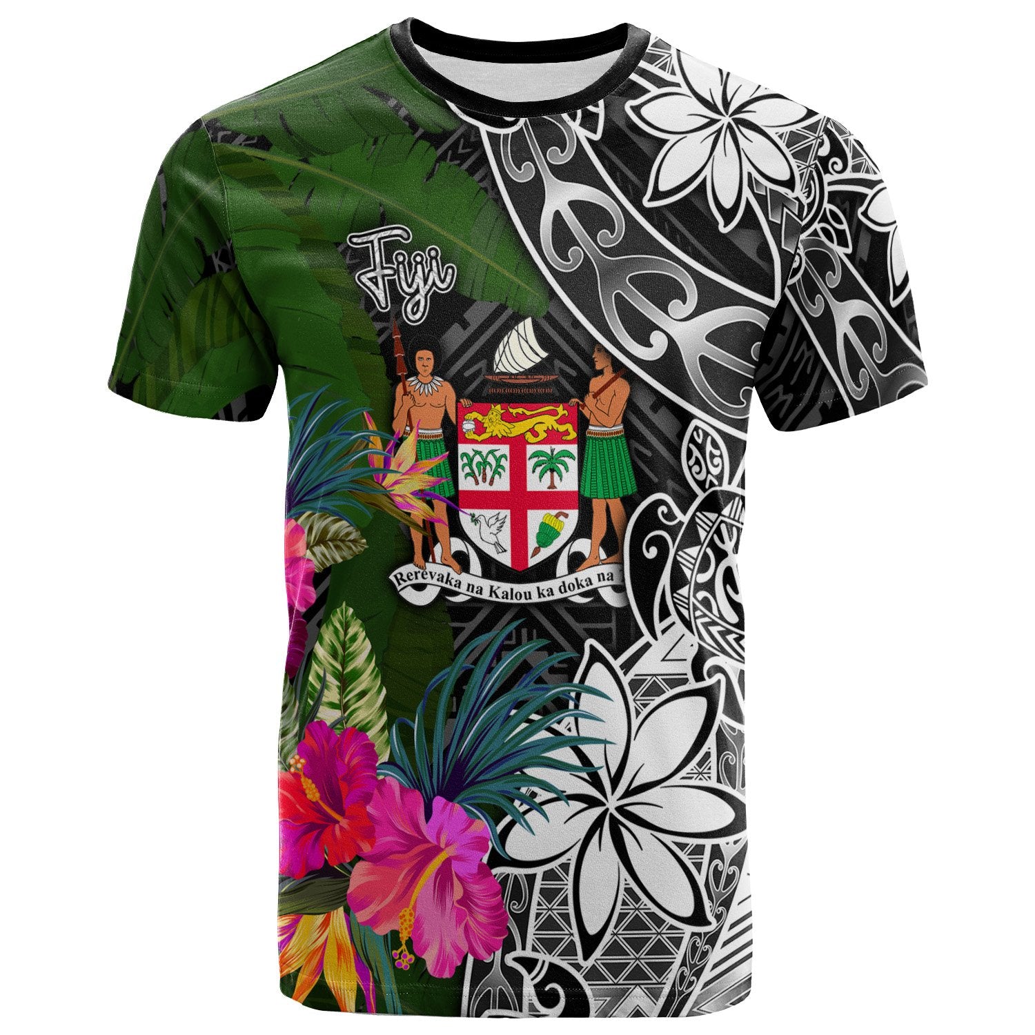 Fiji T Shirt Turtle Plumeria Banana Leaf Crest Unisex Black - Polynesian Pride