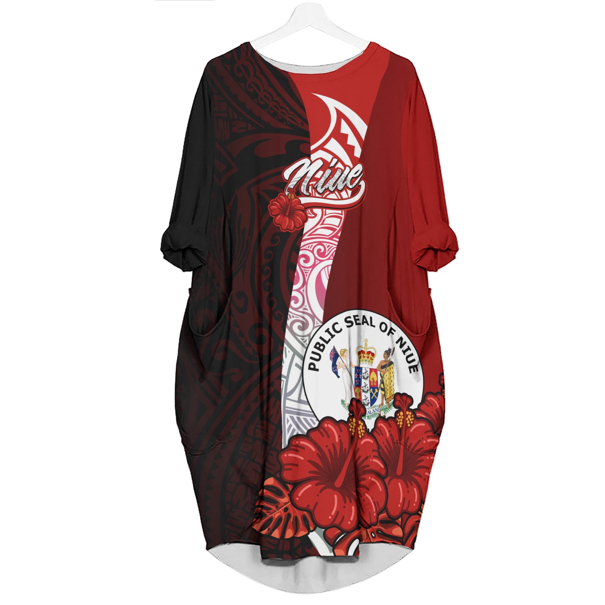 Niue Polynesian Batwing Pocket Dress - Hibiscus With Coat Of Arm Women Black - Polynesian Pride