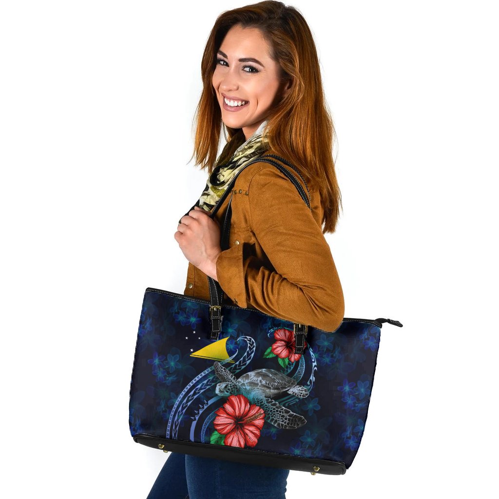 Tokelau Polynesian Leather Tote - Blue Turtle Hibiscus Blue - Polynesian Pride