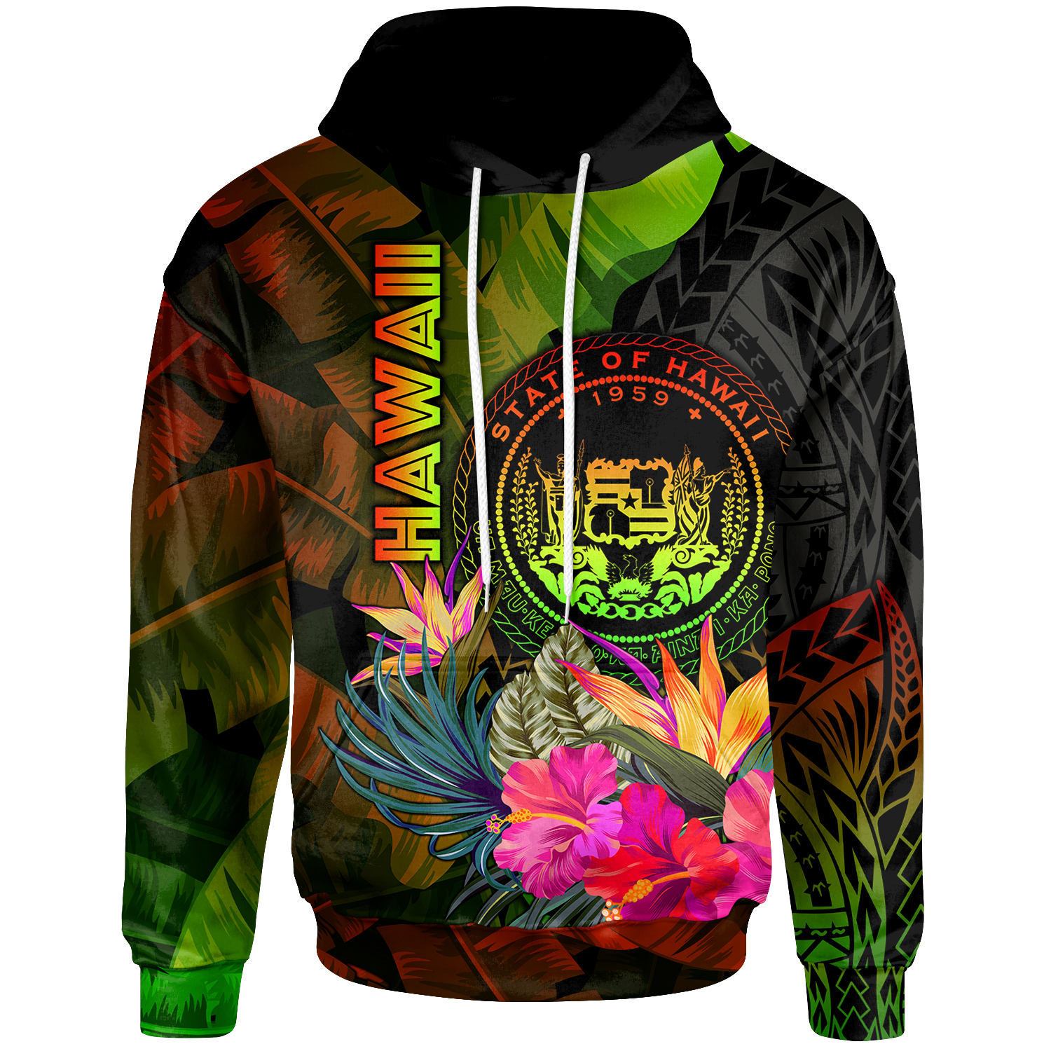 Polynesian Hawaii Polynesian Hoodie Hibiscus and Banana Leaves Unisex Reggae - Polynesian Pride