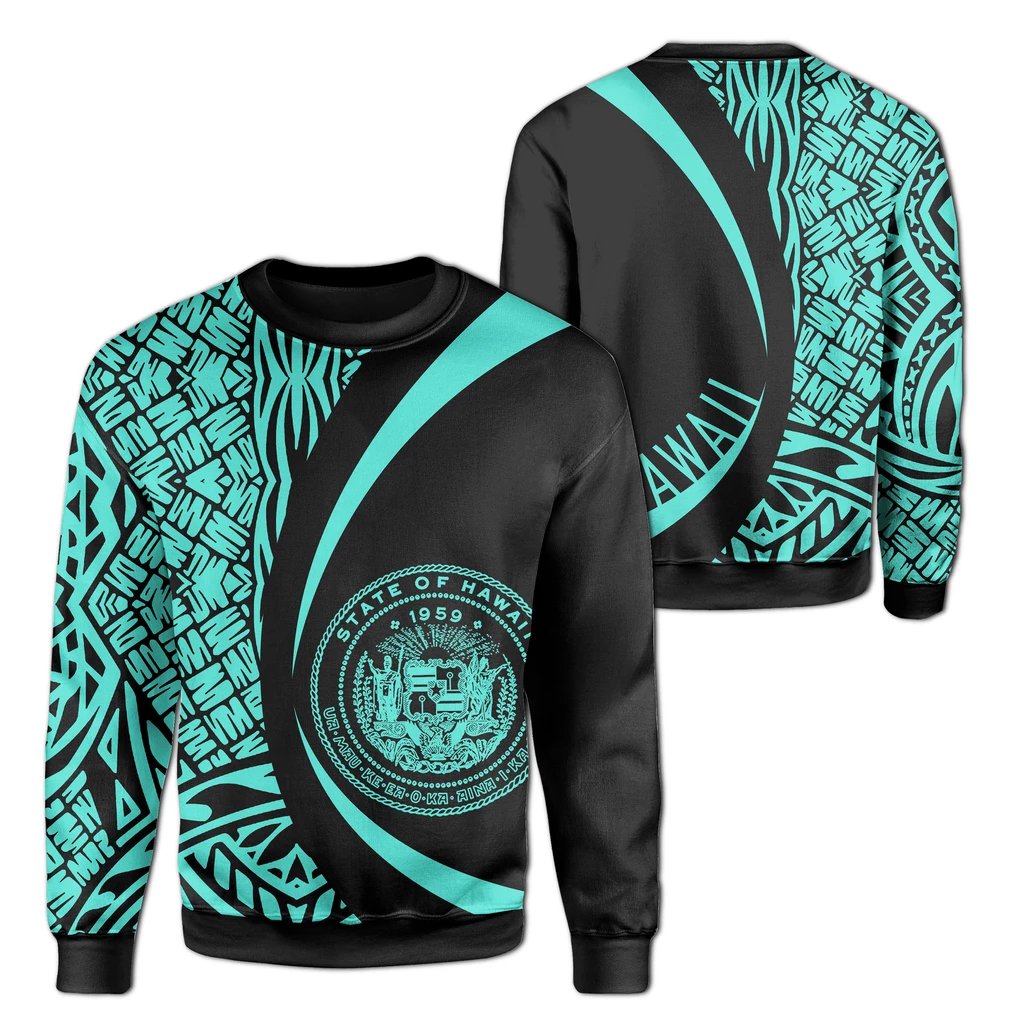 Hawaii Coat Of Arms Polynesian Crewneck Sweatshirt - Turquoise - Circle Style Unisex Art - Polynesian Pride