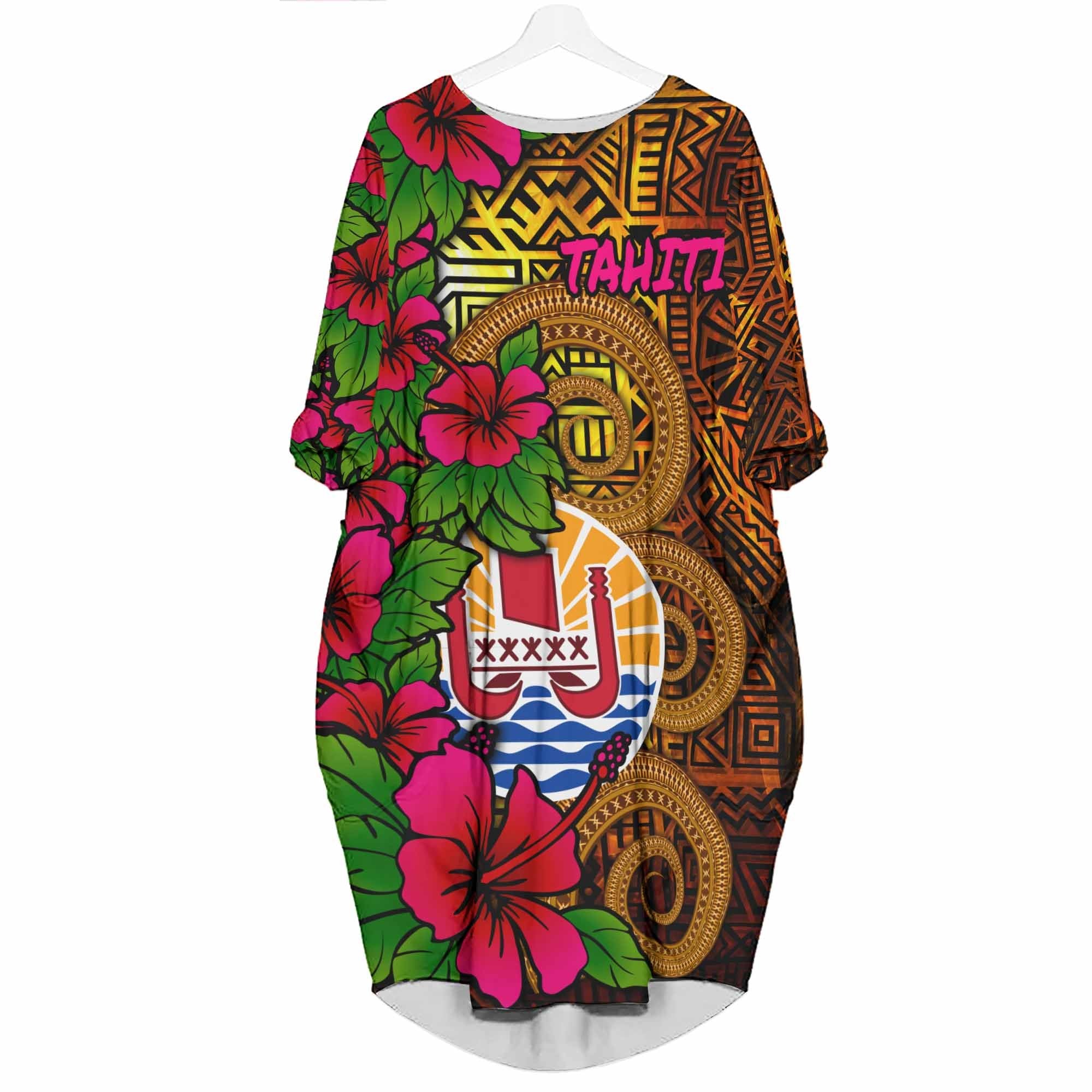 Tahiti Polynesian Batwing Pocket Dress - Hibiscus Vintage Women Gold - Polynesian Pride