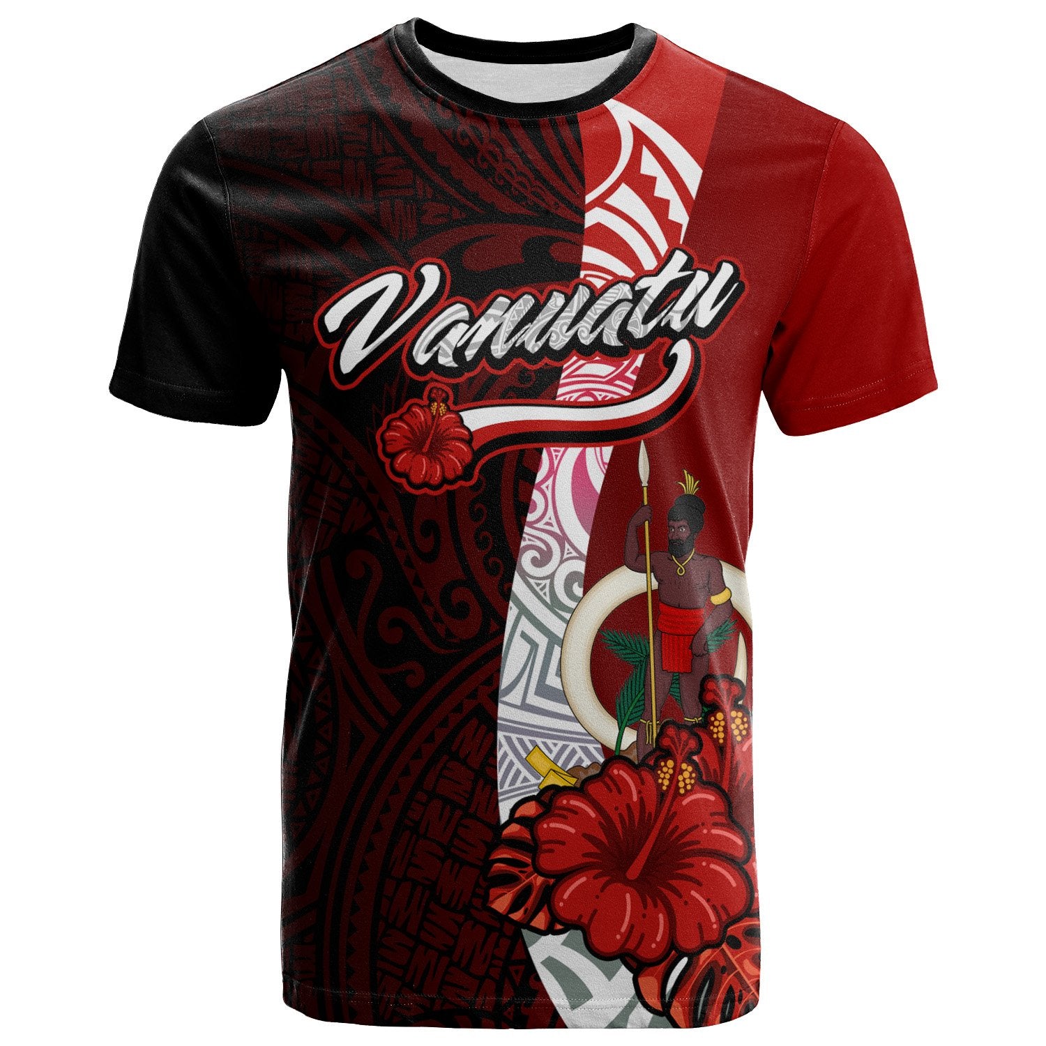 Vanuatu Polynesian T Shirt Coat of Arm With Hibiscus Unisex Red - Polynesian Pride