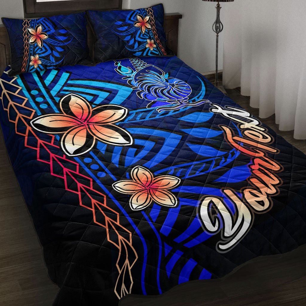 New Caledonia Custom Personalised Quilt Bed Set - Vintage Tribal Mountain Blue - Polynesian Pride