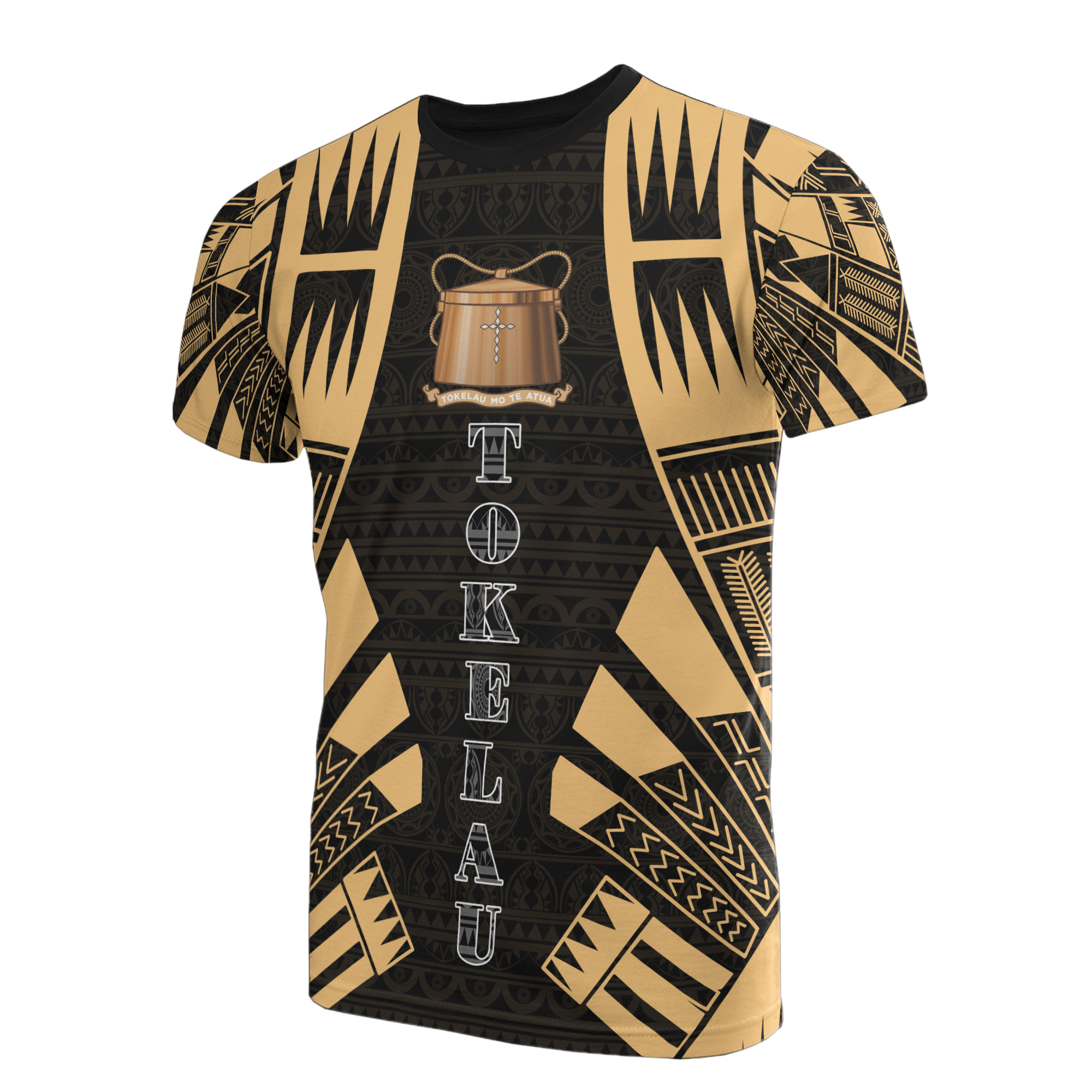 Tokelau T Shirt Tokelauan Coat of Arms Polynesian Tattoo Gold Style Unisex Black-Gold - Polynesian Pride