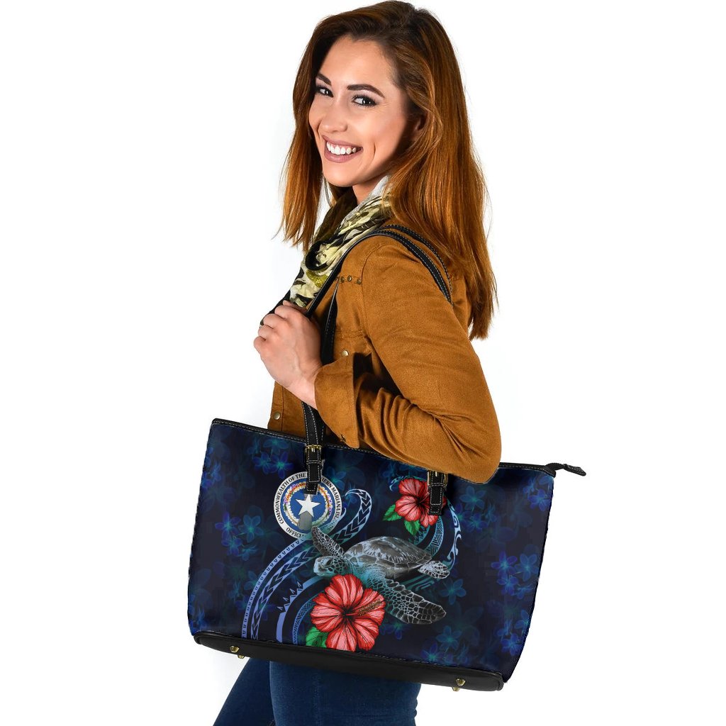 Northern Mariana Islands Polynesian Leather Tote - Blue Turtle Hibiscus Blue - Polynesian Pride