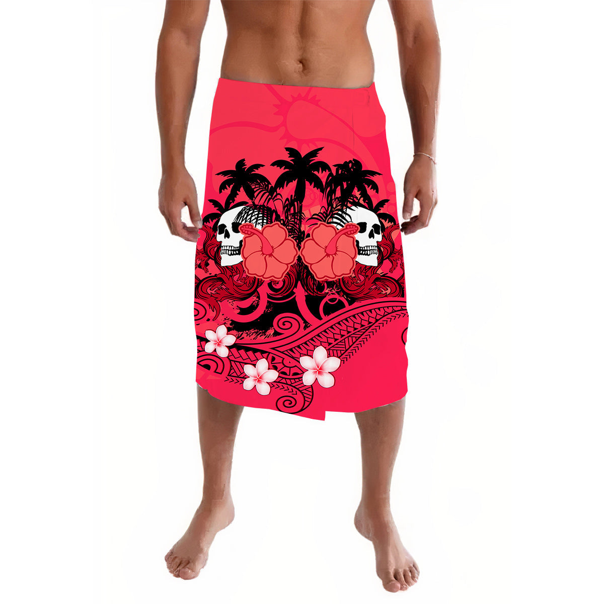 Hawaii Skull Lavalava Mysterious Polynesia and Red Flowers LT13 Red - Polynesian Pride