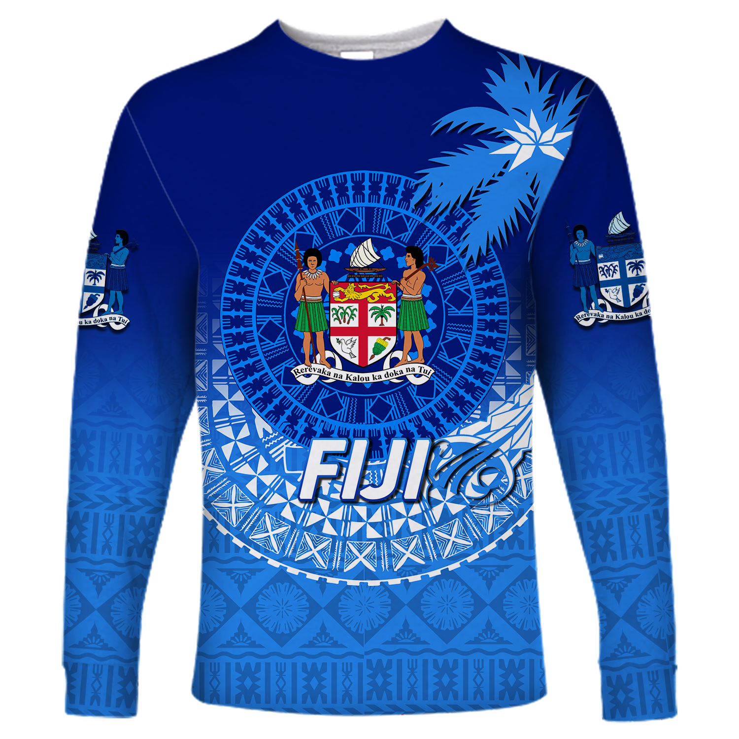 Fiji Tapa Tribal Coconut Tree Long Sleeve Shirt - LT12 Unisex Blue - Polynesian Pride