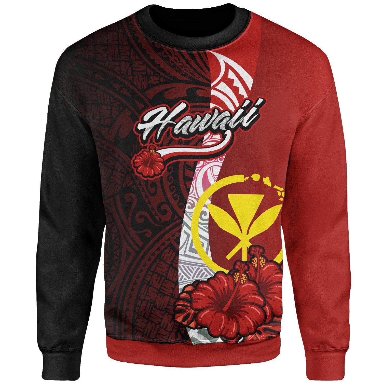 Hawaii Polynesian Sweater - Coat Of Arm With Hibiscus Unisex Red - Polynesian Pride