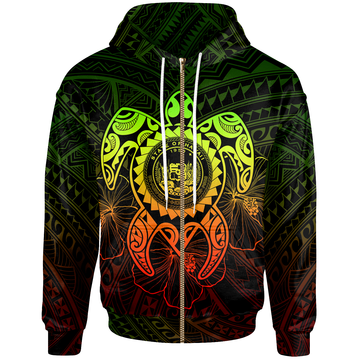 Hawaii Polynesian Zip up Hoodie Vintage Polynesian Turtle (Reggae) Unisex Reggae - Polynesian Pride