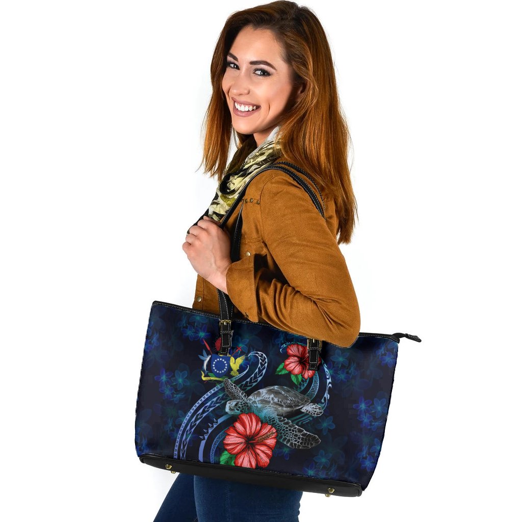 Cook Islands Polynesian Leather Tote - Blue Turtle Hibiscus Blue - Polynesian Pride