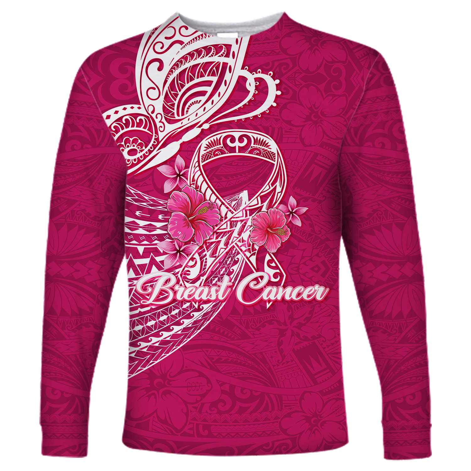 (Custom Personalised) Breast Cancer Pink Ribbon Butterfly Polynesian Pink Version Long Sleeve Shirt - LT12 Unisex Pink - Polynesian Pride