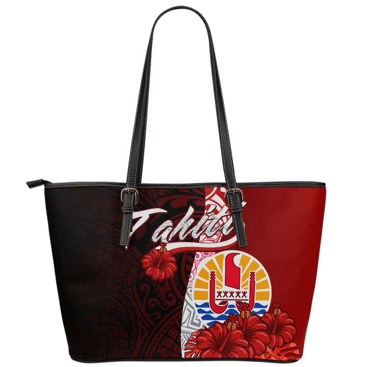 Tahiti Polynesian Leather Tote Bag - Coat Of Arm With Hibiscus Red - Polynesian Pride