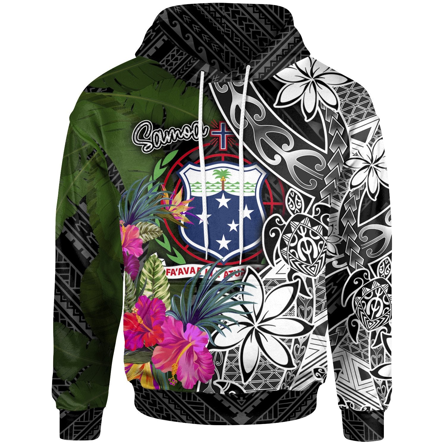 Samoa Hoodie Turtle Plumeria Banana Leaf Unisex Black - Polynesian Pride