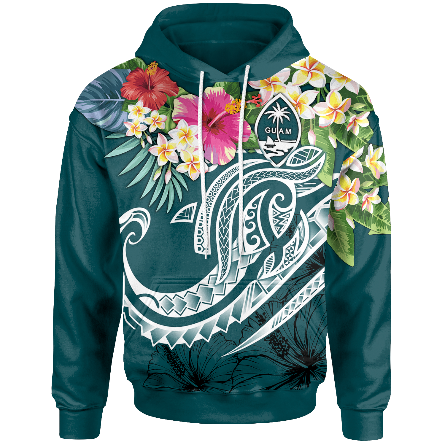 Guam Polynesian Hoodie Summer Plumeria (Turquoise) Unisex Turquoise - Polynesian Pride