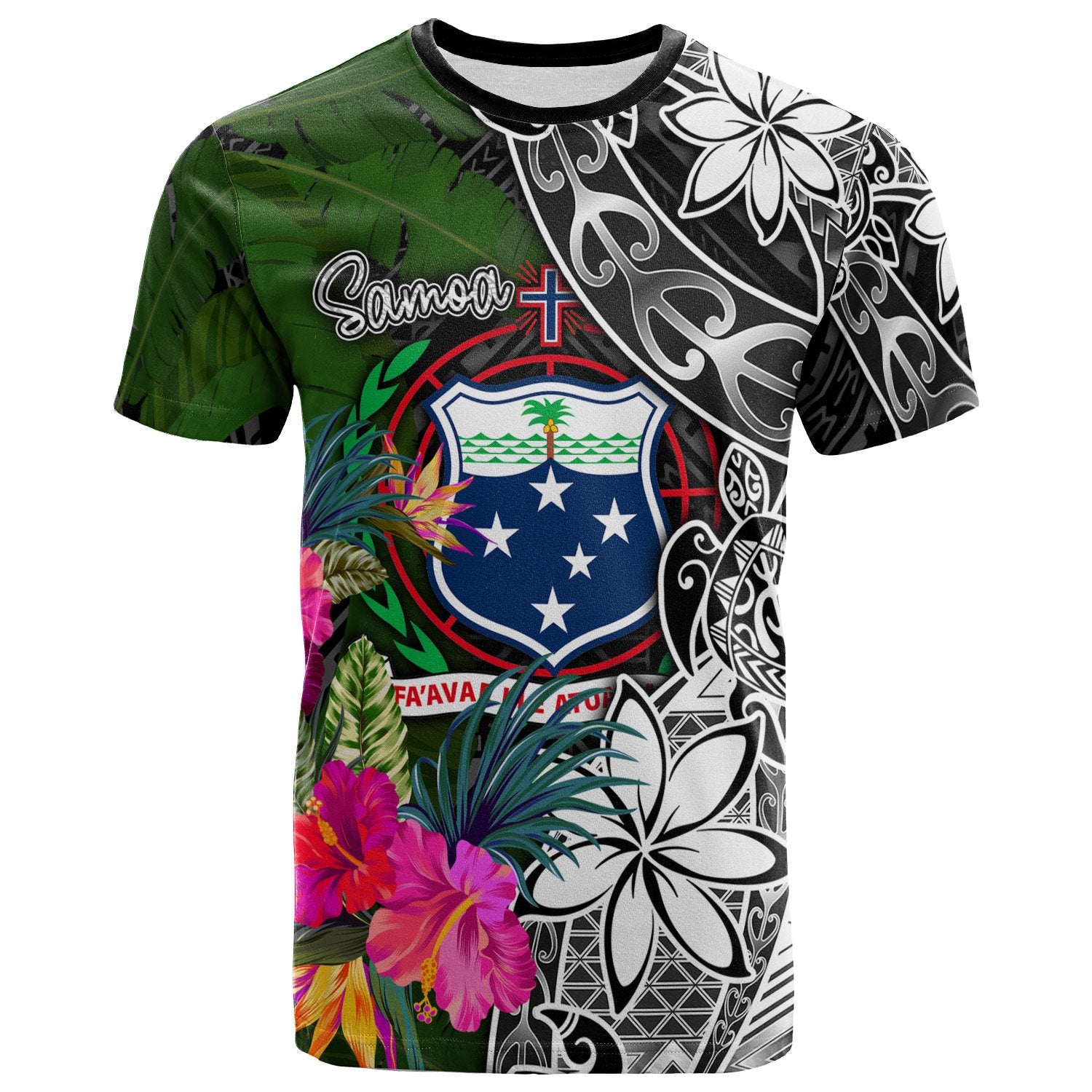 Samoa T Shirt Turtle Plumeria Banana Leaf Unisex Black - Polynesian Pride