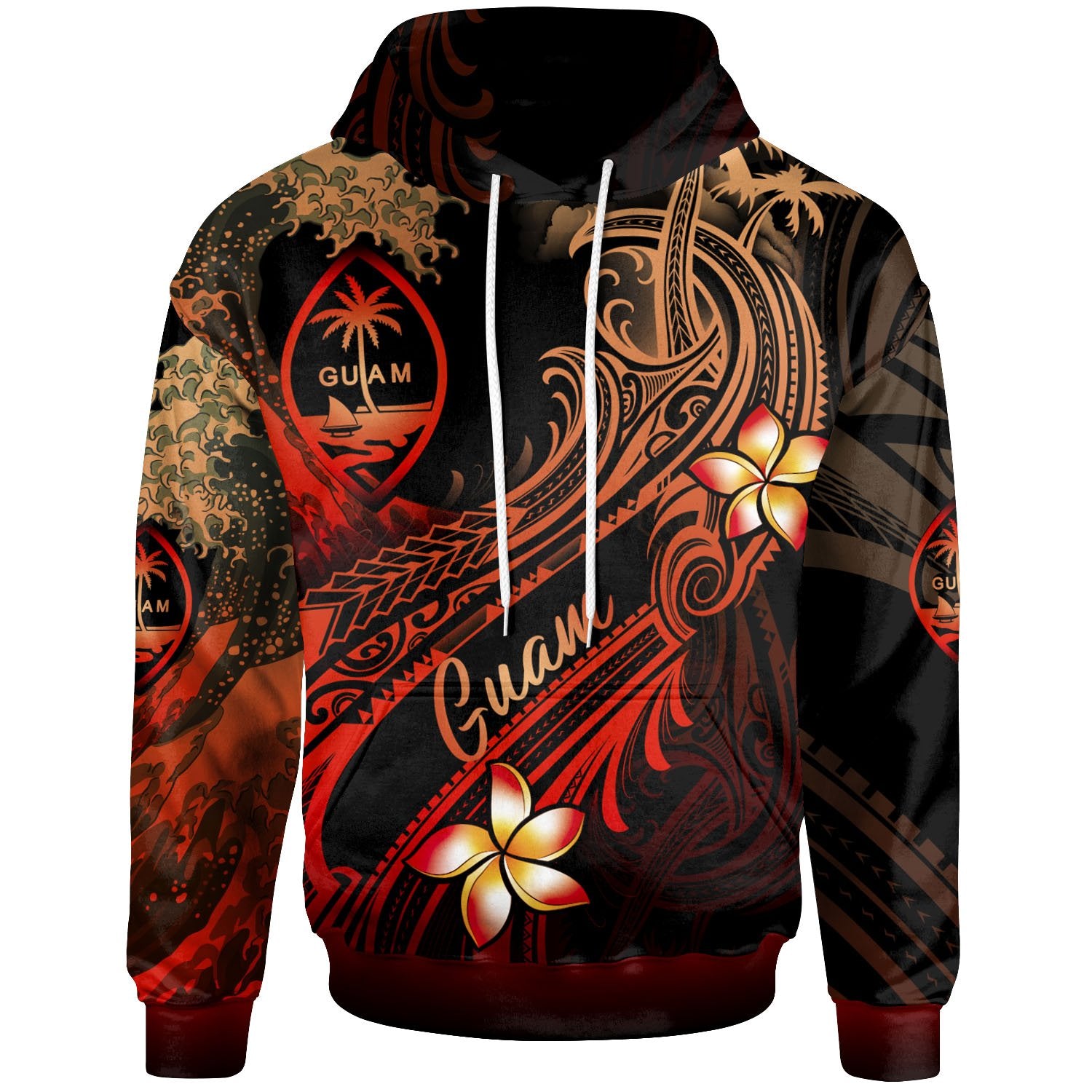 Guam Polynesian Hoodie Plumeria Flowers and Waves Unisex Red - Polynesian Pride