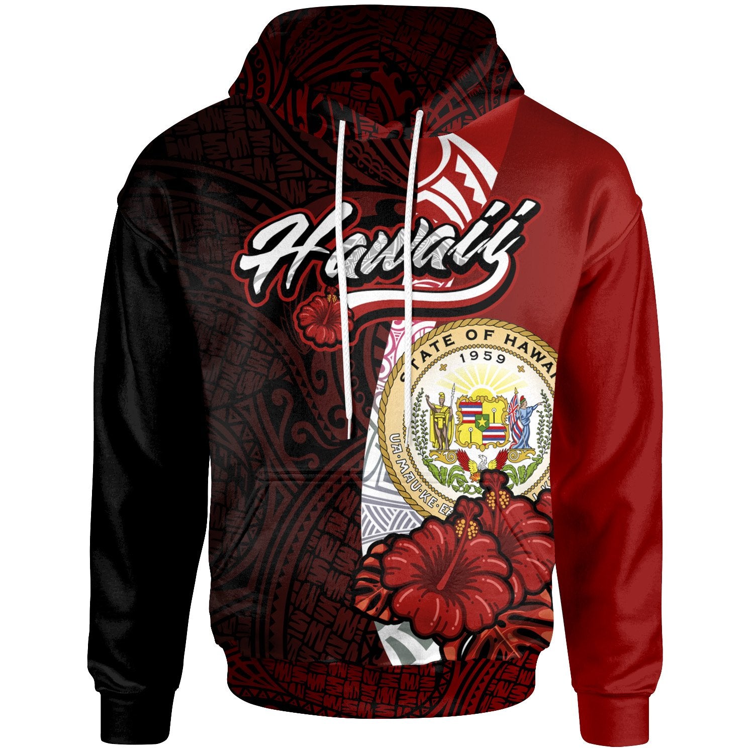 Hawaii Polynesian Hoodie Coat of Arm With Hibiscus Unisex Red - Polynesian Pride