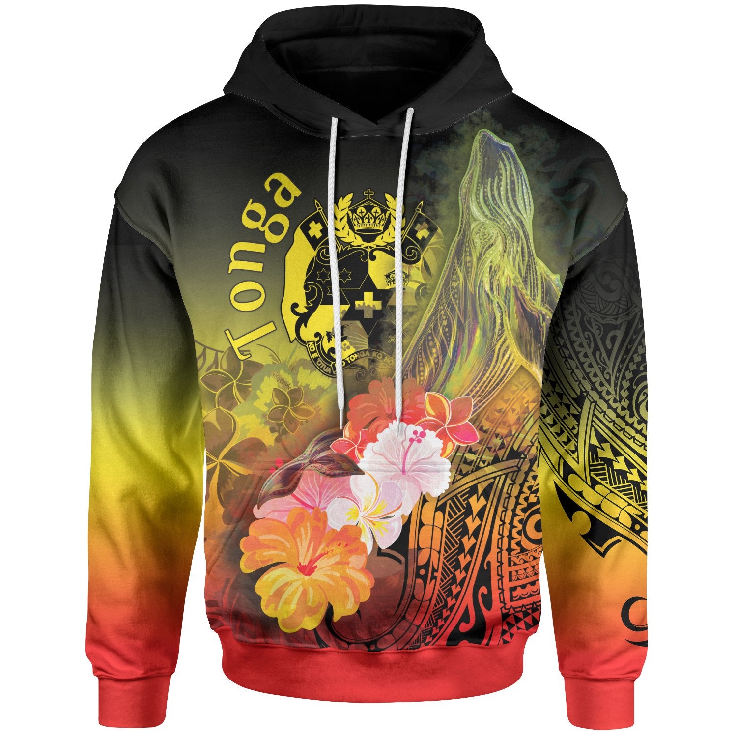 Tonga Hoodie Humpback Whale with Tropical Flowers (Yellow) Unisex Yellow - Polynesian Pride