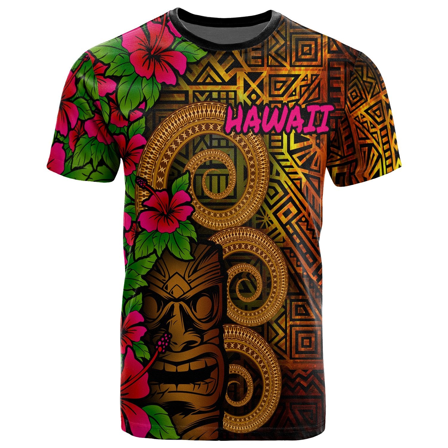 Polynesian Hawaii T Shirt Tiki With Hibiscus Unisex Orange - Polynesian Pride