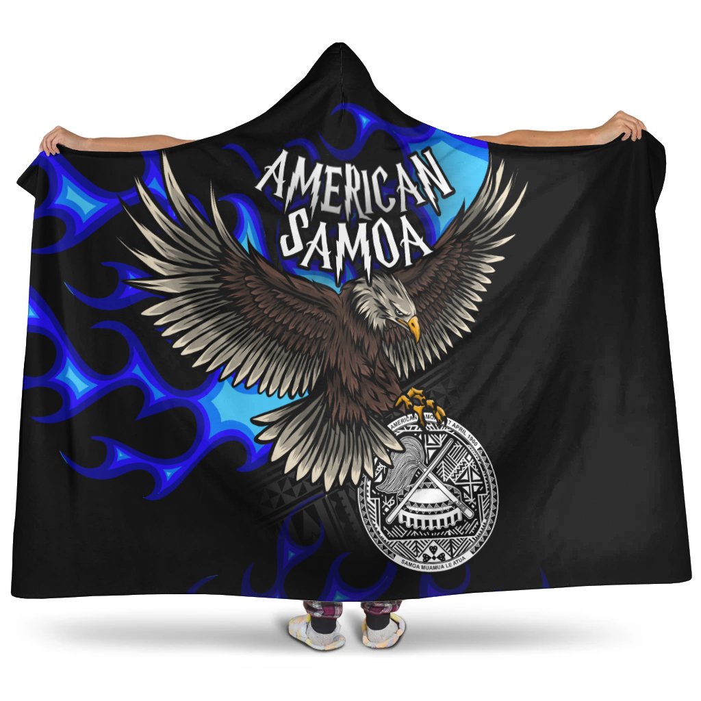 American Samoa Polynesian Hooded Blanket - Eagle With Flame Blue Hooded Blanket Blue - Polynesian Pride