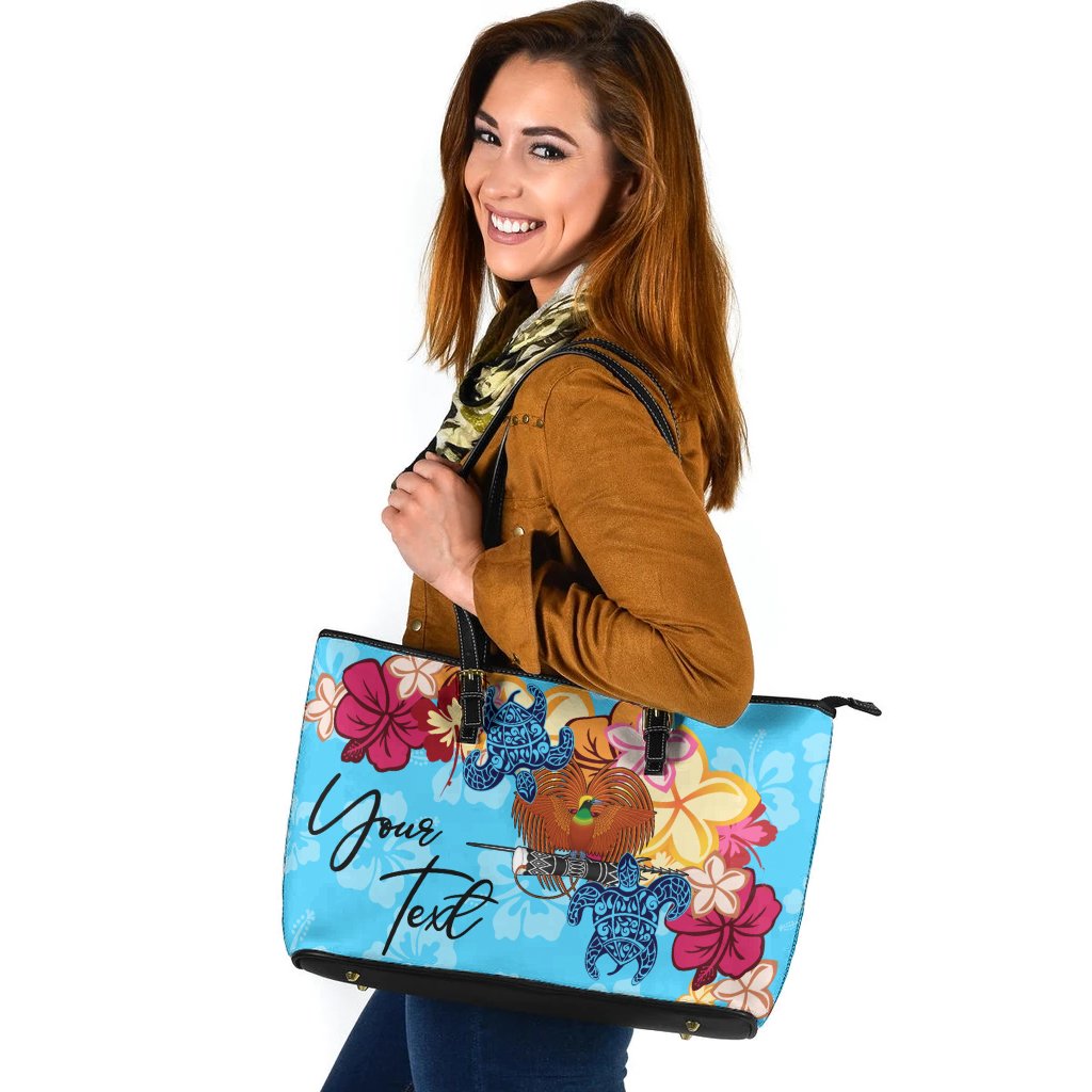 Papua New Guinea Custom Personalised Leather Tote - Tropical Style Blue - Polynesian Pride