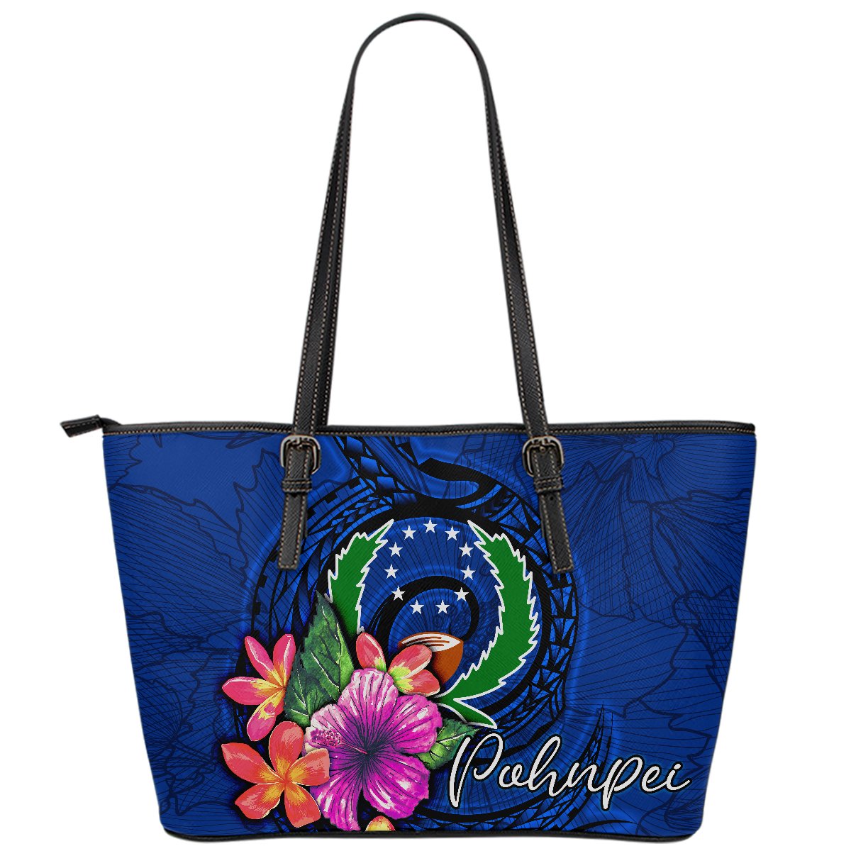 Pohnpei Micronesia Leather Tote Bag - Floral With Seal Blue Blue - Polynesian Pride