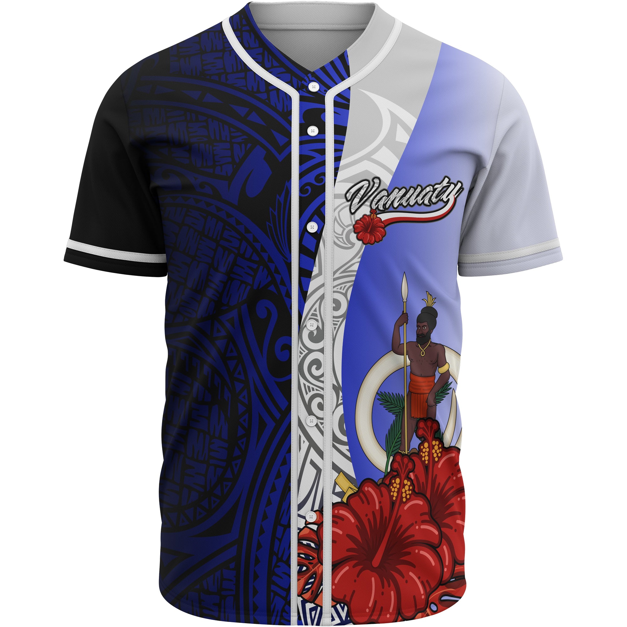 Vanuatu Polynesian Baseball Shirt - Coat Of Arm With Hibiscus Blue Unisex Blue - Polynesian Pride