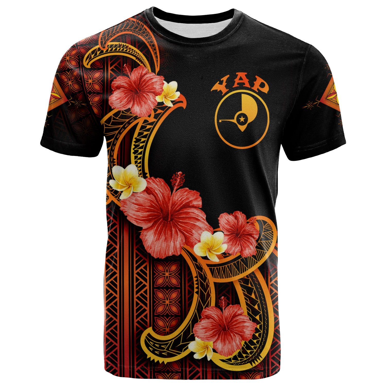 Yap T Shirt Hibiscus Plumeria Mix Tribal Leaves Unisex Orange - Polynesian Pride