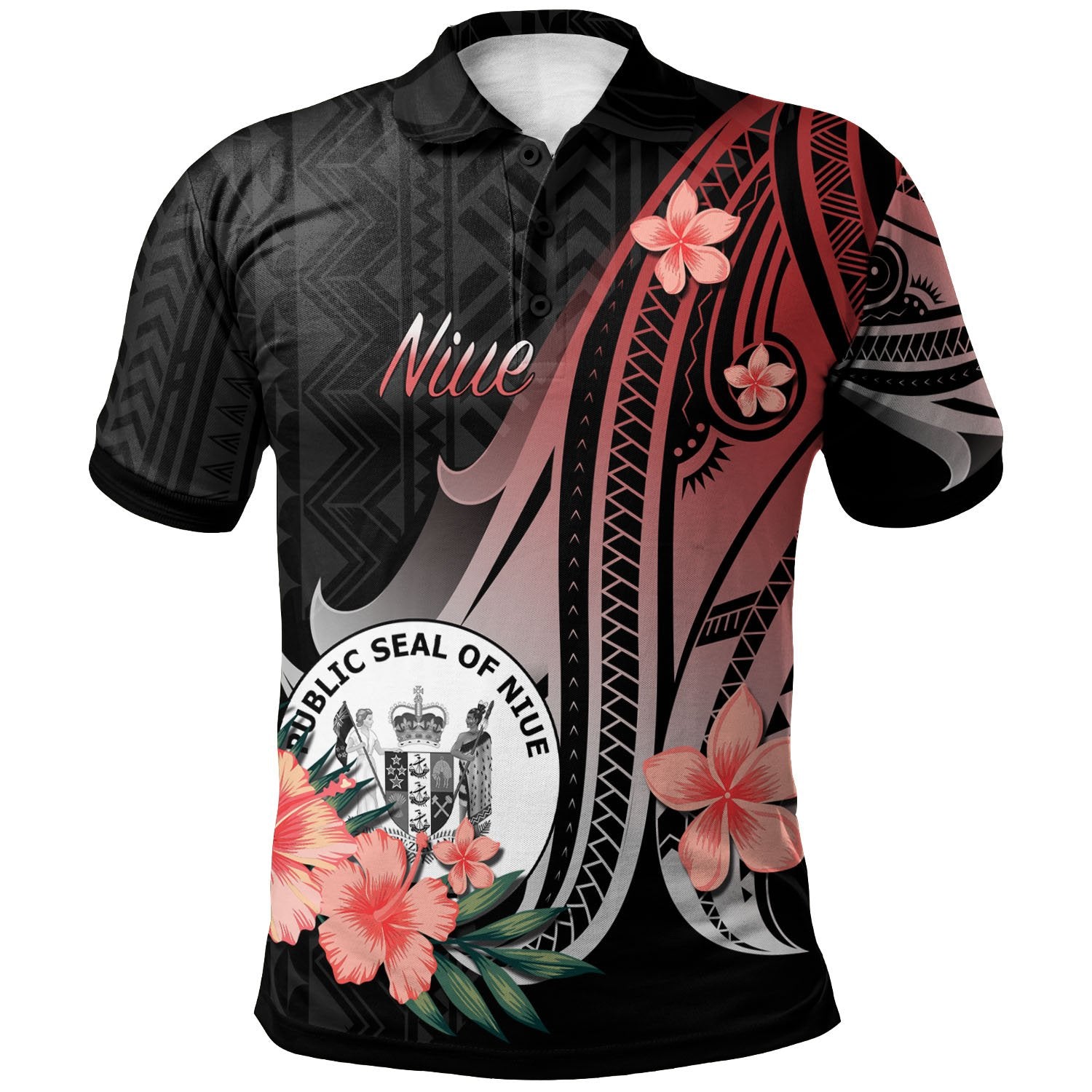 Niue Polo Shirt Red Polynesian Hibiscus Pattern Style Unisex Red - Polynesian Pride