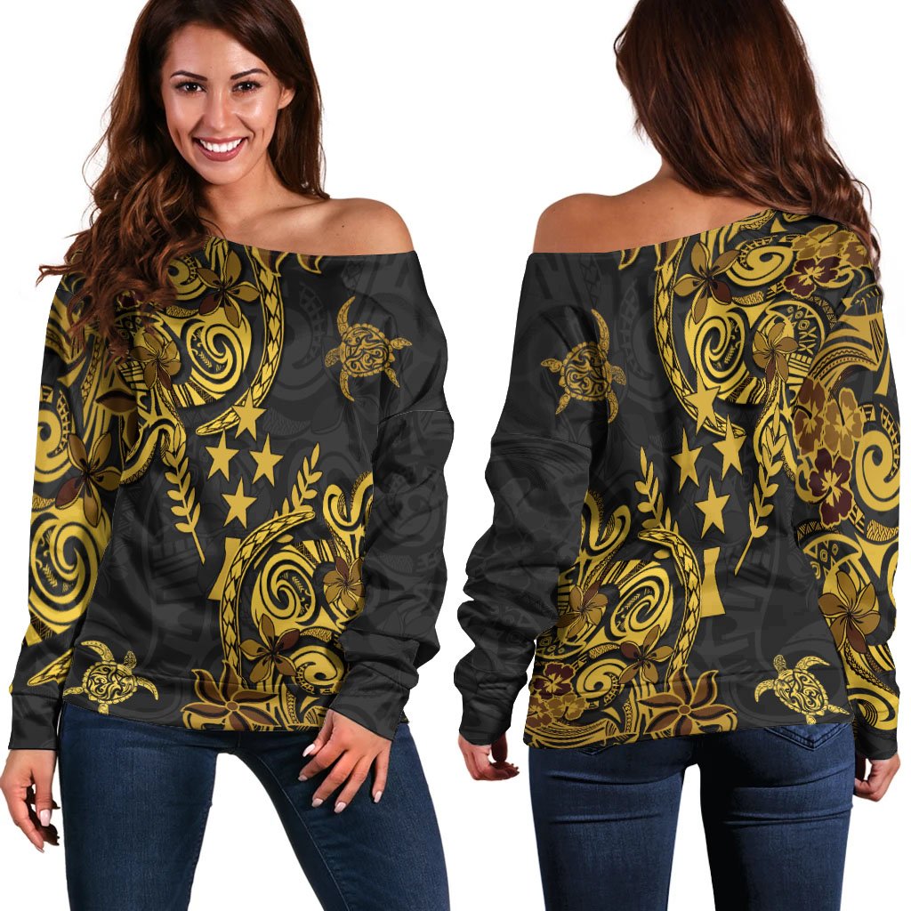 Kosrae State Women's Off Shoulder Sweaters - Abstract Style Black - Polynesian Pride