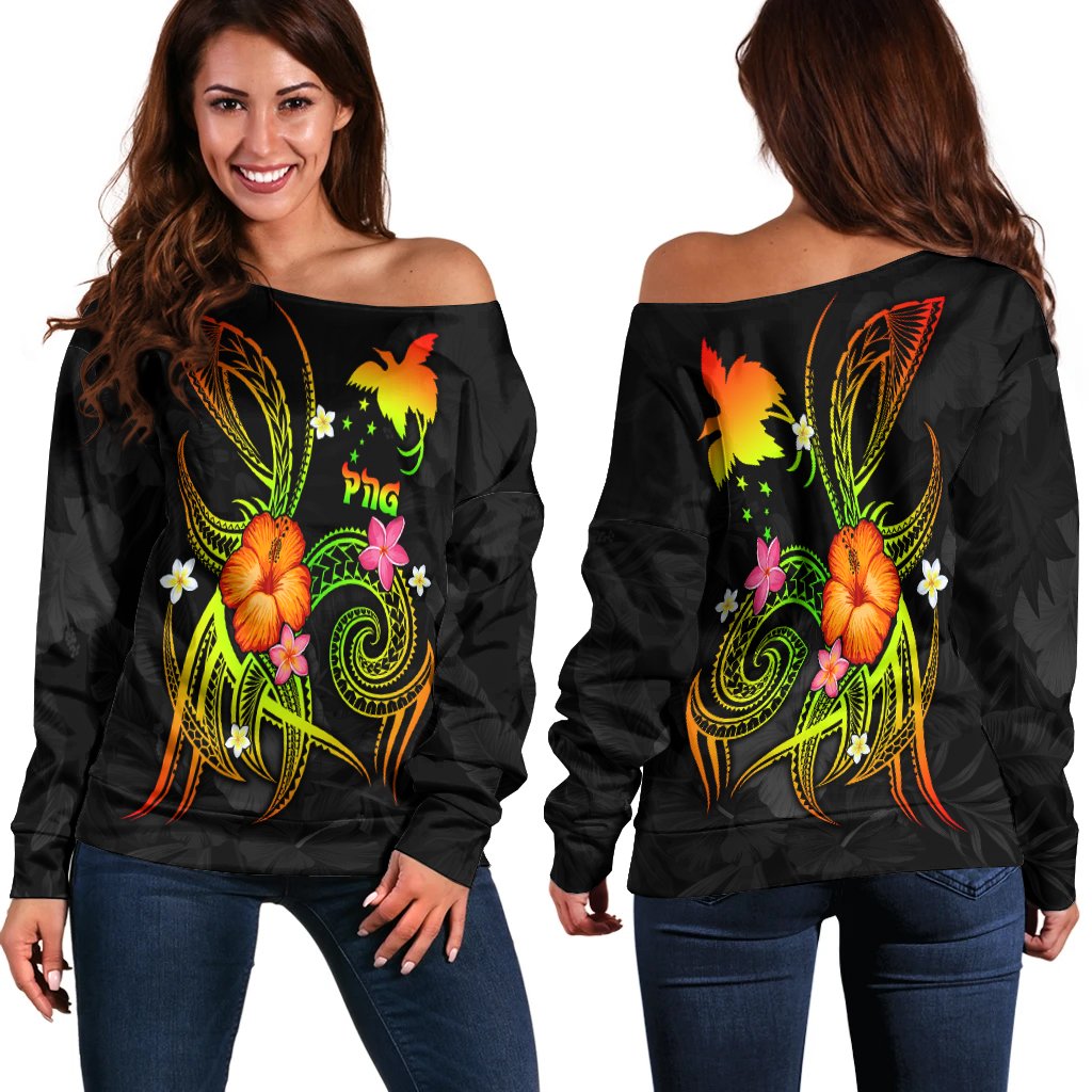 Papua New Guinea Polynesian Women's Off Shoulder Sweater - Legend of Papua New Guinea (Reggae) Art - Polynesian Pride