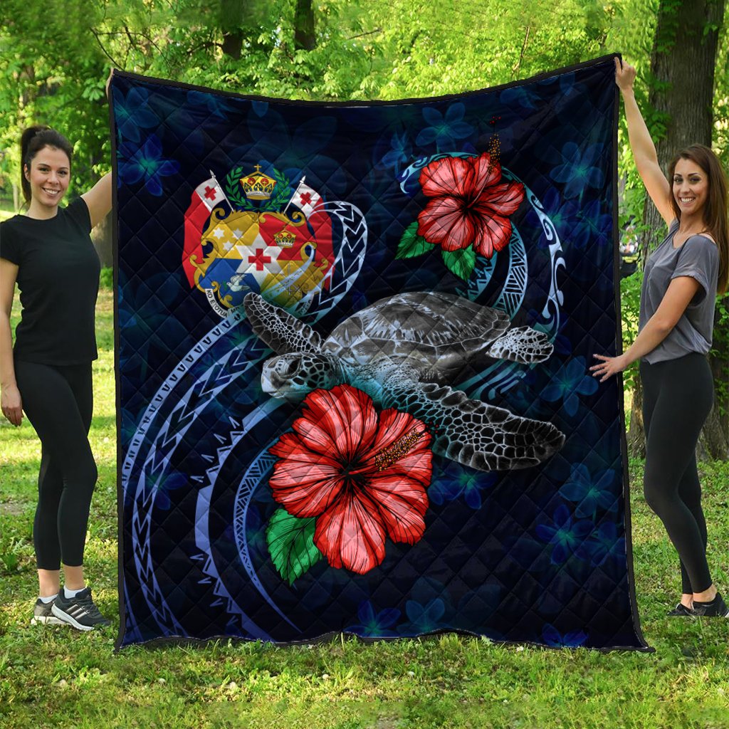 Tonga Polynesian Premium Quilt - Blue Turtle Hibiscus Blue - Polynesian Pride